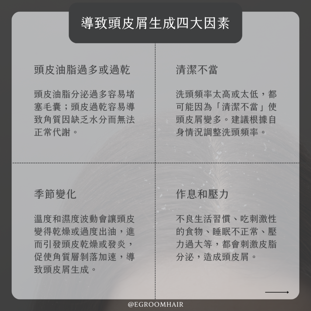 導致頭皮屑生成的四大成因：頭皮油脂分泌不平衡、清潔不當、季節變化、作息和壓力