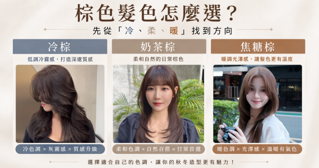 brown-hair-color-guide-cool-milk-tea-caramel.jpg 棕色髮色選擇指南,冷棕、奶茶棕、焦糖棕三種髮色方向